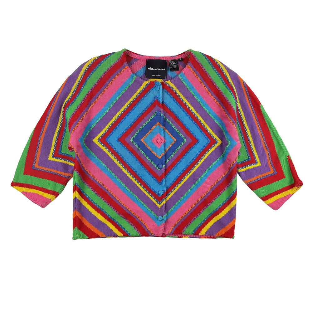 Michael Simon Rainbow Knit Cardigan Women M  3/4 Sleeve Maximalist Y2K VTG 2001
